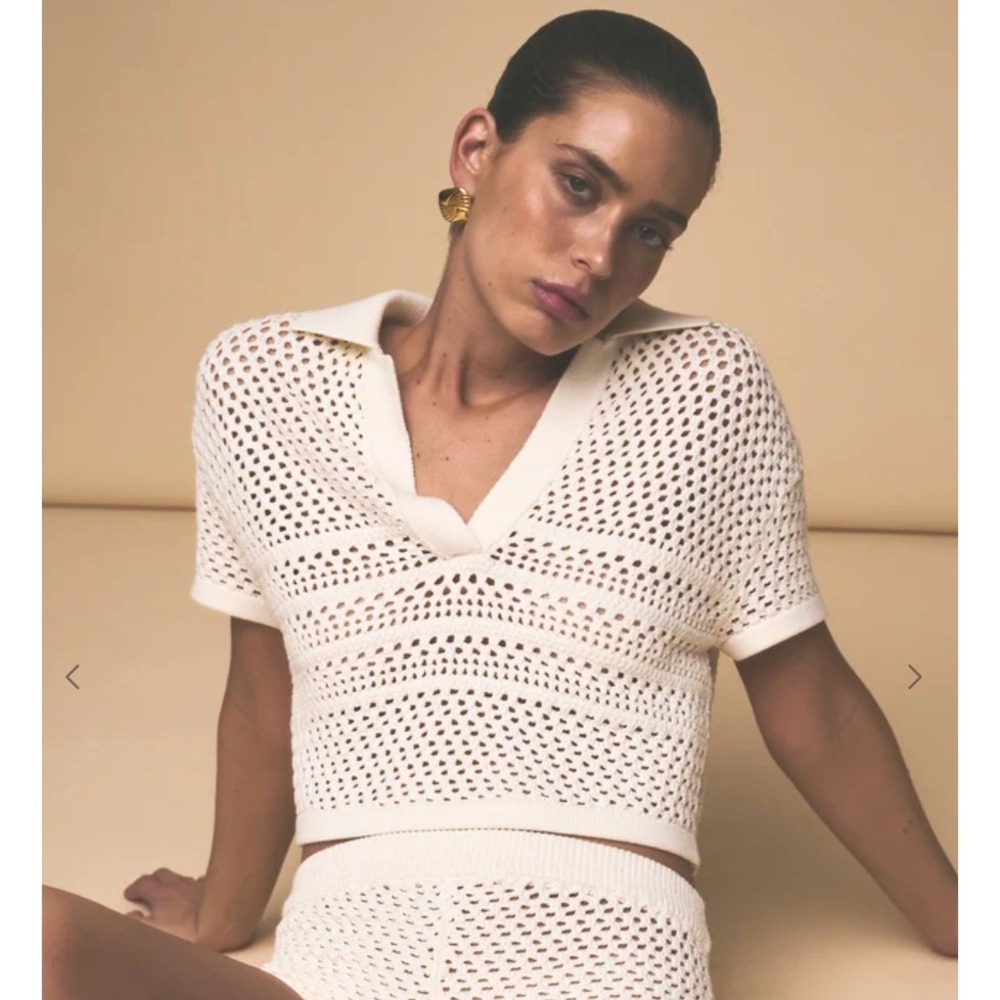 SER.O.YA cream crop polo open knit neutral elevated‎ summer layering designer LG